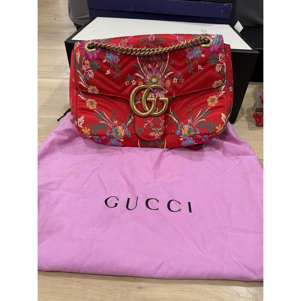 Gucci GG Marmont Medium Red Matelasse Satin Shoulder Bag